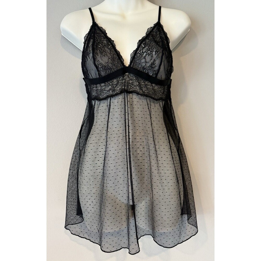Victoria's Secret Babydoll Chemise Nightgown Sz L Black Lace Sexy Y2K